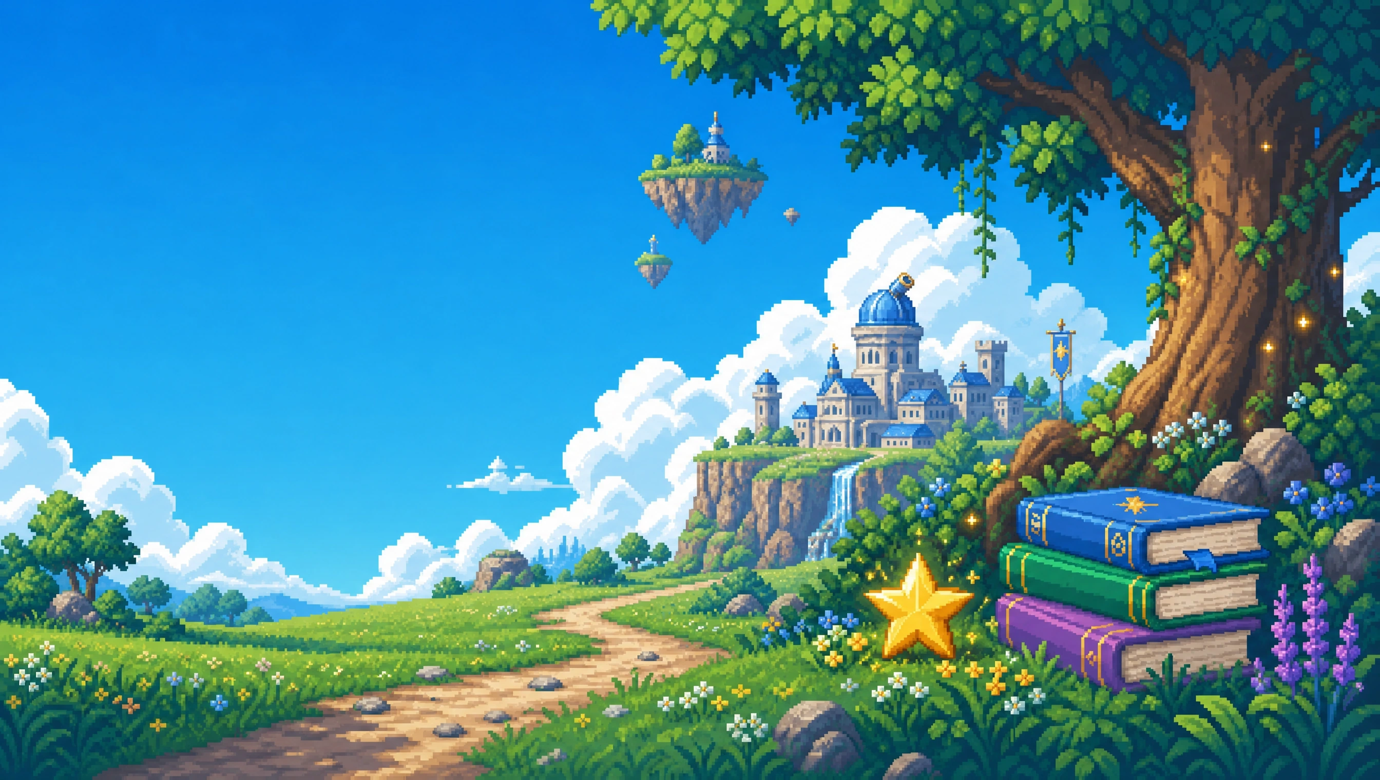 A pixel-art knowledge garden with a distant observatory, books and a glowing star