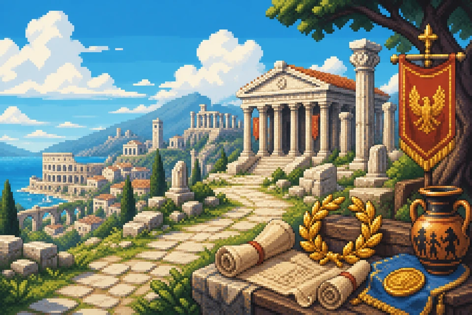 Pixel-art Roman ruins, scrolls and a golden laurel